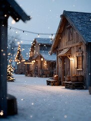 Cozy wooden cabin bathed in the soft glow of fairy lights and softly falling snow. A charming Christmas scene evokes feelings of warmth and festive spirit.