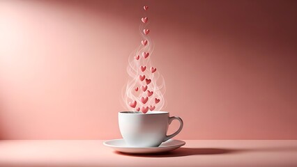 Steaming coffee cup with rising red heart-shaped foam in romantic setting