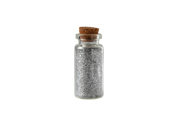 Small glass bottle with silver glitter and cork stopper isolated transparent png