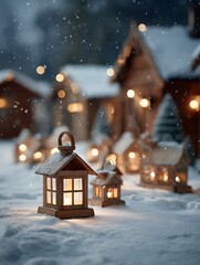 Cozy Winter Village Illuminated by Lanterns Amidst Snowy Landscape. 