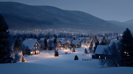 A snow-covered village nestled in a tranquil mountain landscape comes alive under the soft glow of twilight. A serene village captured under a quiet, starlit night.