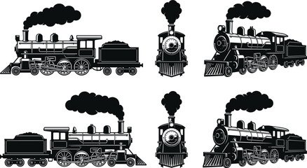 Vintage steam locomotive illustration set, black and white train drawing, historical railway engine sketch, retro transportation artwork, antique train graphic © MdNurunnabi