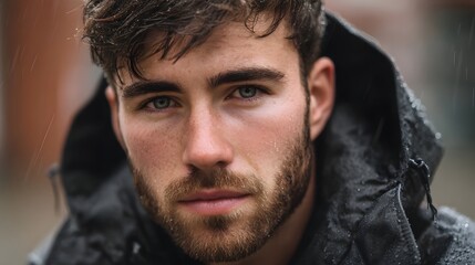 Obraz premium Close up portrait of a young man with a beard looking intently on a rainy day