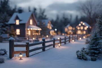 A cozy winter scene featuring snow-covered houses, illuminated by the warm glow of lights, evokes feelings of warmth and serenity during the holiday season. The gently falling snow.