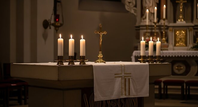 Candles on a church altar table.
