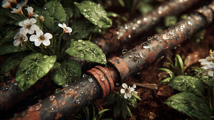 Wide lawn irrigation scene showing multiple sprinkler heads forming consistent watering patterns