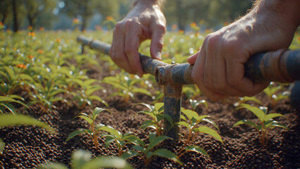 Organized drip irrigation system installed along garden beds for efficient watering