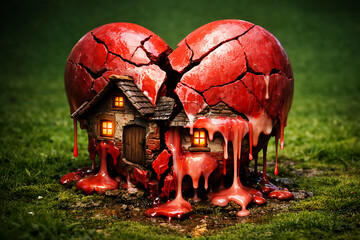 Broken Heart House Concept With Melting Love And Emotional Pain