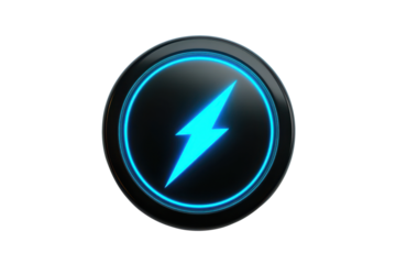 black 3d buttom UI UX element with bright blue glowing power bolt or lightning symbol isolated on white or transparent png