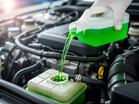 Performing essential car engine maintenance by topping up green coolant fluid