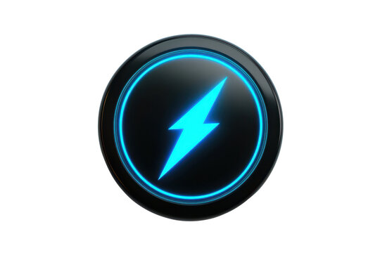 black 3d buttom UI UX element with bright blue glowing power bolt or lightning symbol isolated on white or transparent png