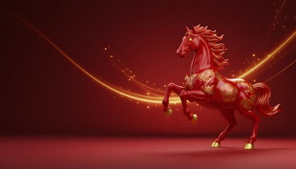 Fiery red Chinese zodiac horse galloping on luxury festive New Year background