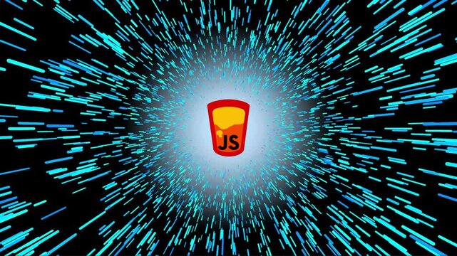 Futuristic JavaScript logo traveling through a vibrant blue digital hyper-space tunnel with glowing star lines.
