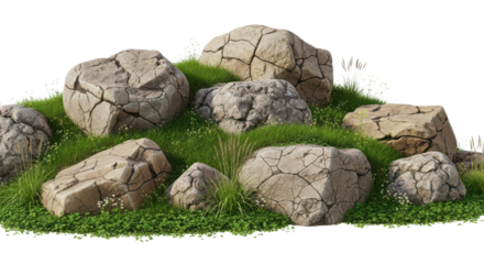 Natural pile of large cracked stones and boulders on green grass mound isolated PNG with Transparent Background