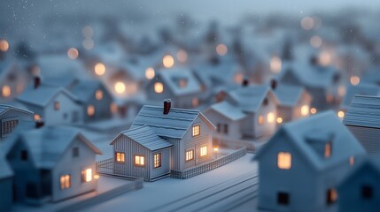 A serene winter cityscape, showcasing a charming cluster of houses blanketed in a delicate layer of snow, creates a tranquil scene, illuminated by the warm glow emanating from within each home.