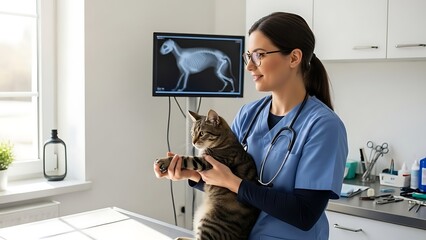 Veterinarian examining a cat with an x-ray on a screen in a clinic