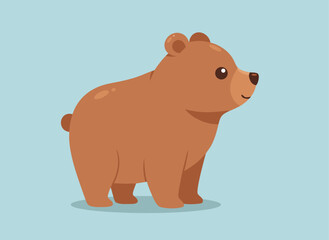 Cute cartoon brown bear cub standing on a light blue background. © Zetaa