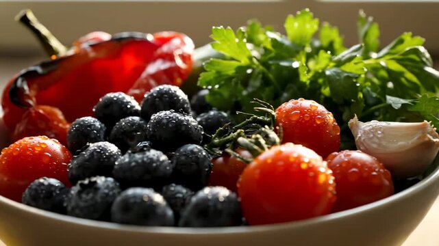 Fresh vegetables in bowl with water droplet on wooden table. Tomato and blueberry with parsley and garlic in bowl. Fresh tomato and pepper with herb. Healthy organic vegetable in kitchen.