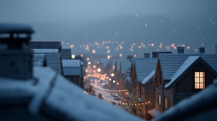 A tranquil winter scene of snow-covered rooftops, with a street lined with softly glowing lights in the distance. creating a calm, wintery atmosphere. 