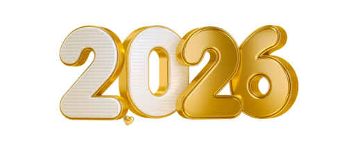 A shiny golden representation of the year 2026 in a three dimensional style