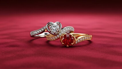 Naklejka premium Elegant wedding rings with diamond and ruby on red velvet background displayed