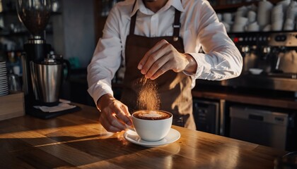 A barista expertly sprinkles cocoa powder onto a cappuccino in a cozy cafe setting, highlighting the art of coffee preparation.