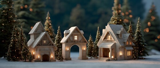 A charming winter wonderland, a series of intricately detailed miniature houses nestled among snow-covered trees, bathed in the soft glow of warm lights.