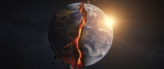 An artistic depiction of Earth cracking open, revealing molten lava, with a bright sun illuminating the scene, symbolizing destruction or change.