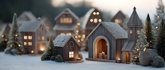 A miniature village in a snowy landscape during winter with light glow, evoking a sense of cozy charm and festive ambiance.
