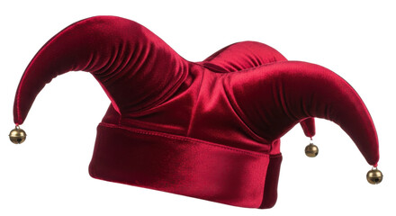 Luxurious red velvet jester hat with gold bells, classic costume accessory for entertainment. isolated PNG with Transparent Background