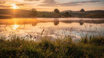 A serene sunrise over a tranquil lake, surrounded by lush greenery and gentle hills, reflecting soft colors in the water.