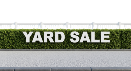 YARD SALE text sign 3D render on green hedge for retail advertising banner isolated PNG with Transparent Background