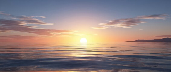 Fototapeta premium A serene sunset over calm ocean waters, reflecting soft hues of orange and blue, creating a tranquil atmosphere.
