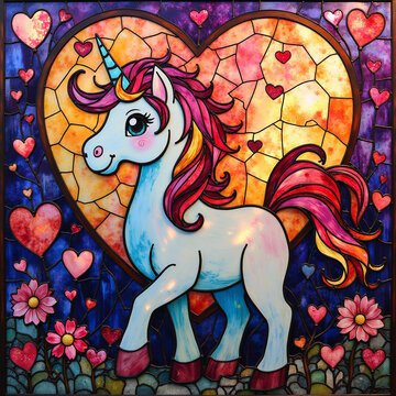 Whimsical unicorn in stained glass heart