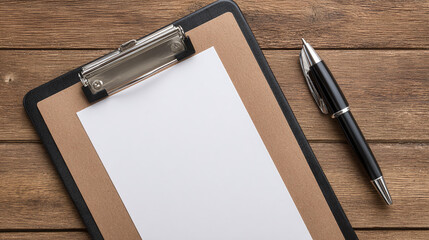 Clipboard with blank paper on a wooden table next to a pen, ready for notes or a list. Workspace concept. Top view of office tools.