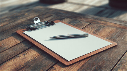 On a rustic wooden surface, a clipboard with blank paper awaits, accompanied by a sleek pen, ready to capture thoughts and ideas.