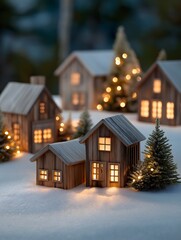 A charming miniature village scene, illuminated by warm, inviting lights in the soft embrace of a serene snowy night, capturing the magic of the winter season.