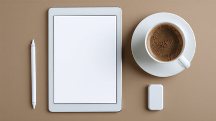 Desk setup featuring a tablet, pen, cup of coffee, and USB drive. Minimalist design, ideal for productivity and work from anywhere concept.
