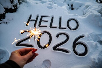 Hand holding sparkler writing hello 2026 in snowy ground new year concept