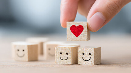 Hand places a block with a red heart above blocks with smiling faces. A visual metaphor for adding love to everyday happiness.