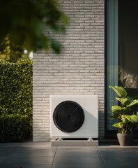 modern air-source heat pump standing on the ground beside a white brick house wall