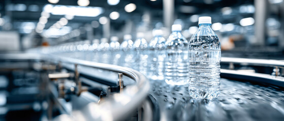 A sleek conveyor belt transports bottles of refreshing mineral water through a well-lit, contemporary factory, showcasing the production process in high detail