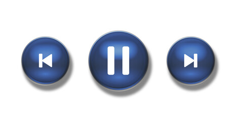 Music player buttons vector set in liquid glass style with blue tint, including play, pause, forward, rewind and other controls, on transparent background for clean UI design.