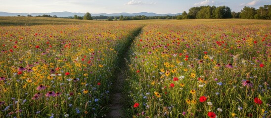 A vibrant wildflower field stretches into the distance, adorned with colorful blossoms and a pathway leading through the lush landscape under a clear sky.