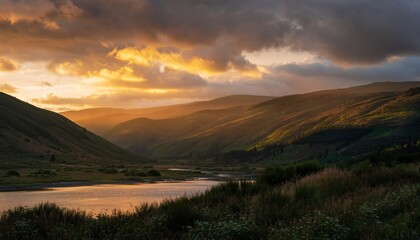 A serene landscape featuring rolling hills and a river at sunset, illuminated by warm golden light, creating a peaceful atmosphere.
