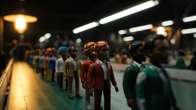 Human figurines move on factory conveyor belt in production line. Figurines stand in row on assembly line in factory. Mass production of people figurines on conveyor. Factory conveyor with diverse