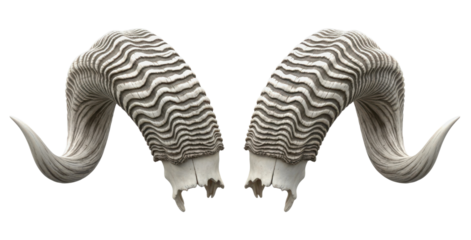 Pair of large curved ram horns with pronounced texture and rugged wildlife detail. isolated PNG with Transparent Background