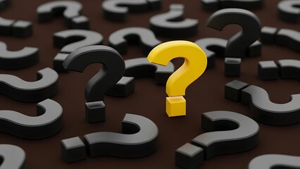 One bright yellow question mark stands out among many dark ones, symbolizing uniqueness