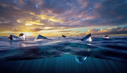 A serene seascape at sunset, featuring pyramid-like formations emerging from the calm waters, reflecting the colorful sky above.