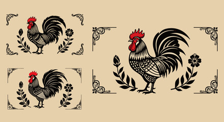 Vintage rooster illustrations set in decorative antique style border elements © Design